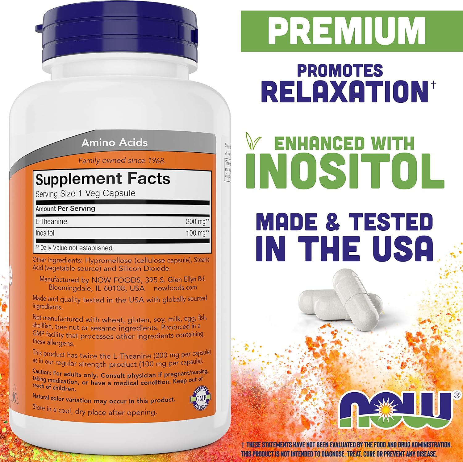 2-Pack Now Foods L-Theanine 200mg Double Strength Veg Capsules - 360 Total Capsules, Enhanced with Inositol - Non-GMO Vegetarian Supplement