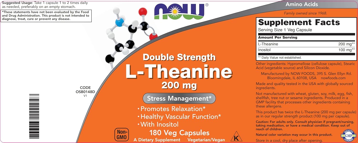2-Pack Now Foods L-Theanine 200mg Double Strength Veg Capsules - 360 Total Capsules, Enhanced with Inositol - Non-GMO Vegetarian Supplement