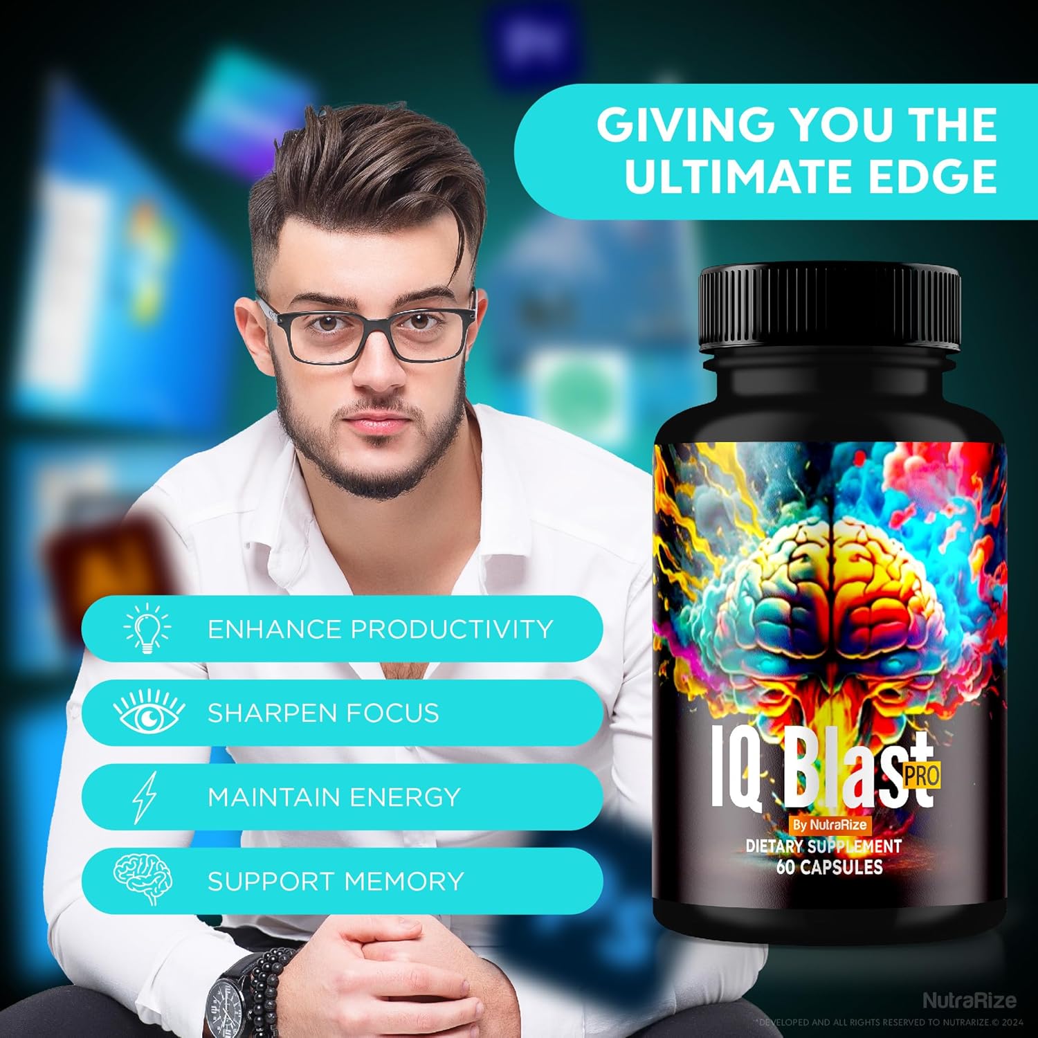 2-Pack NutraRize IQ Blast Pro Capsules - Advanced Brain Health Support Supplement with All Natural Formula for Optimal Cognitive Function - Reduce Brain Fog - 120 Capsules - Reviews