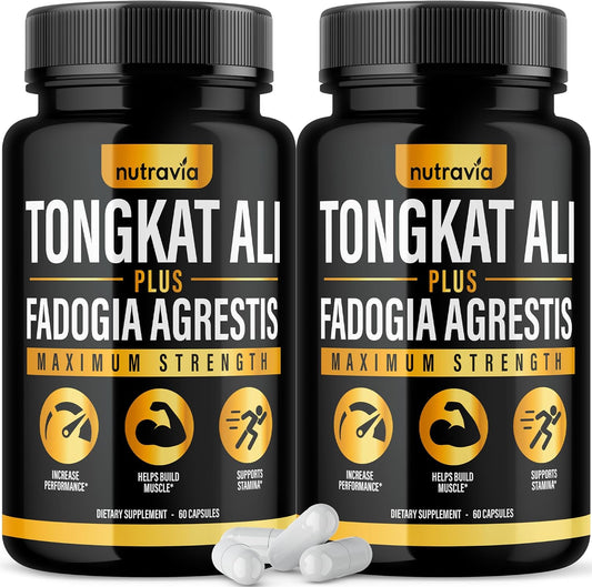 2 Pack Nutravia Tongkat Ali Fadogia Agrestis Supplement for Men & Women - Male Nitric Oxide Booster with Longjack Extract Powder - Performance Blend Capsules for Testosterone & Energy Boost