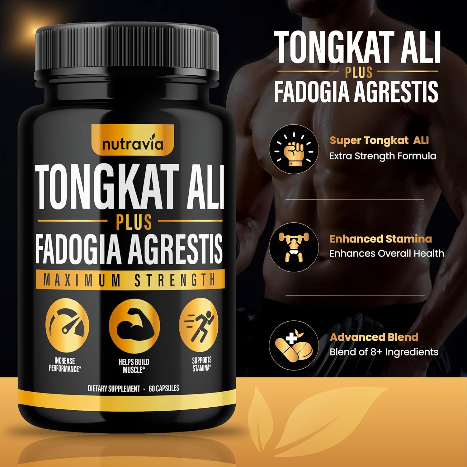 2 Pack Nutravia Tongkat Ali Fadogia Agrestis Supplement for Men & Women - Male Nitric Oxide Booster with Longjack Extract Powder - Performance Blend Capsules for Testosterone & Energy Boost
