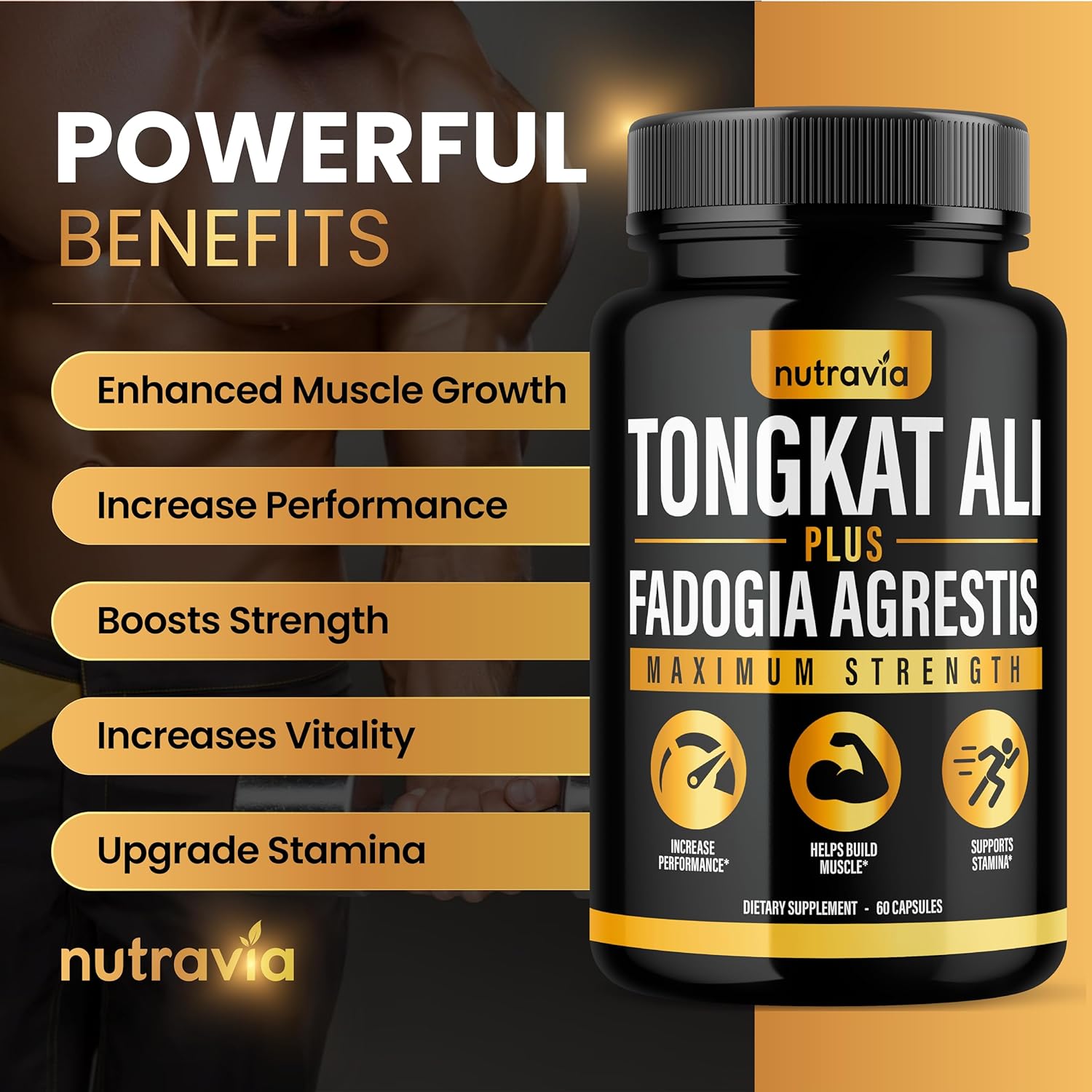 2 Pack Nutravia Tongkat Ali Fadogia Agrestis Supplement for Men & Women - Male Nitric Oxide Booster with Longjack Extract Powder - Performance Blend Capsules for Testosterone & Energy Boost