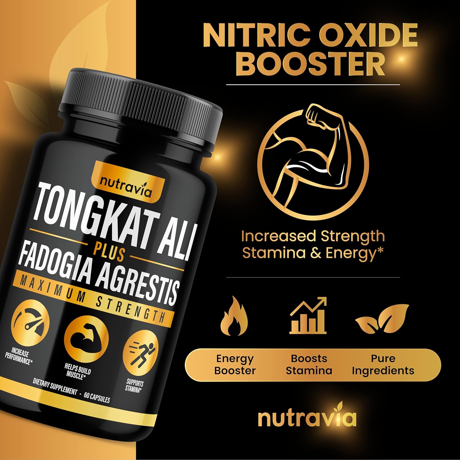 2 Pack Nutravia Tongkat Ali Fadogia Agrestis Supplement for Men & Women - Male Nitric Oxide Booster with Longjack Extract Powder - Performance Blend Capsules for Testosterone & Energy Boost
