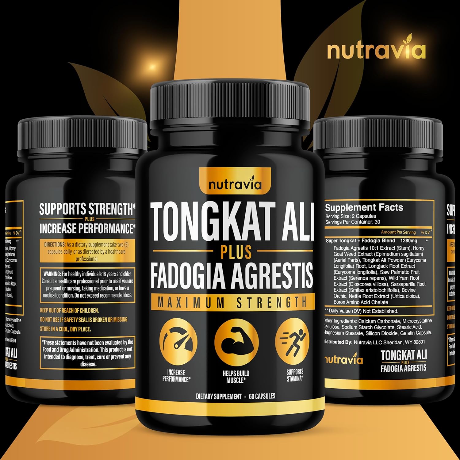 2 Pack Nutravia Tongkat Ali Fadogia Agrestis Supplement for Men & Women - Male Nitric Oxide Booster with Longjack Extract Powder - Performance Blend Capsules for Testosterone & Energy Boost