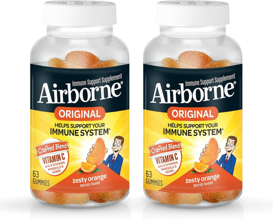 2 Pack of Airborne 750mg Vitamin C Immune Support Gummies for Adults - Zesty Orange Flavor - Gluten Free - Antioxidant Vitamins A C & E - 63 Gummies