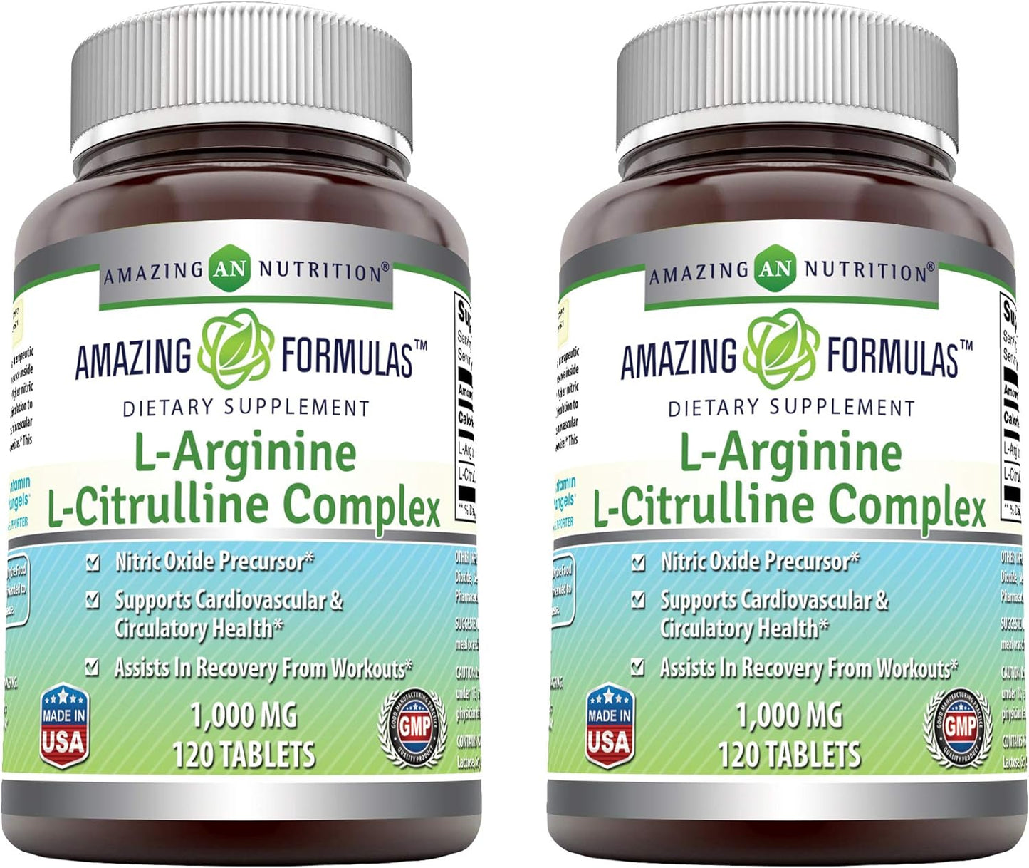2 Pack of Amazing Nutrition L-Arginine/L-Citrulline Complex 1000mg Tablets - Non-GMO & Gluten Free - Made in USA - 120 Count