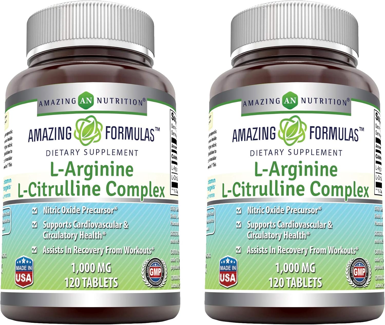 2 Pack of Amazing Nutrition L-Arginine/L-Citrulline Complex 1000mg Tablets - Non-GMO & Gluten Free - Made in USA - 120 Count