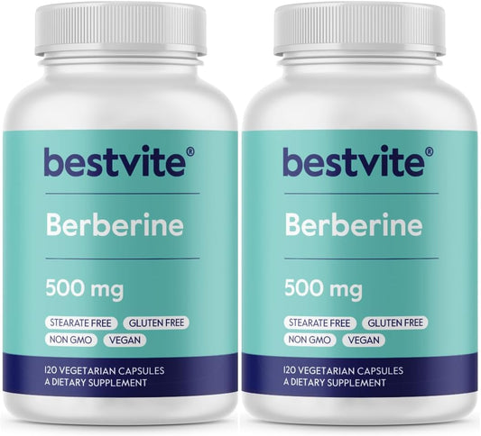 2-Pack of BESTVITE Berberine 500mg Vegetarian Capsules - Vegan, Gluten-Free, Non-GMO - No Fillers, Stearates, or Flow Agents