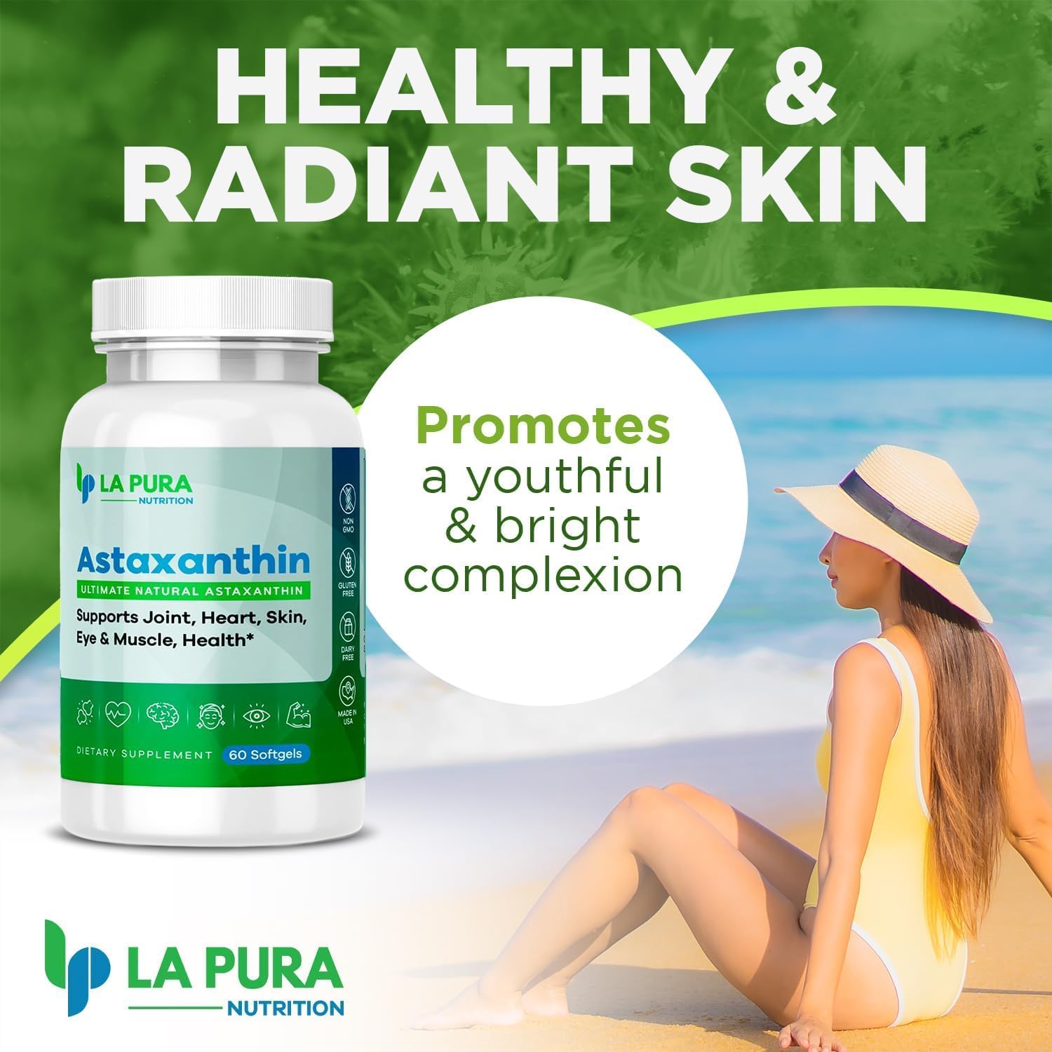 2 Pack of LaPura Ultimate Natural Astaxanthin 10mg Softgel Capsules - Pure Non-GMO Gluten-Free Antioxidant Supplement for Joints, Heart, Brain, Skin, Eyes & Muscles