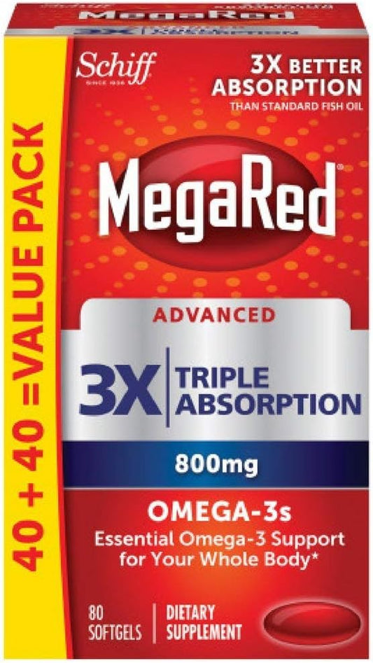 2 Pack of MegaRed Advanced 6X Absorption Fish Oil Softgels - 800mg Omega-3s with EPA/DHA for Heart, Brain, Joint, and Eye Health - No Fishy Aftertaste - 80 Count