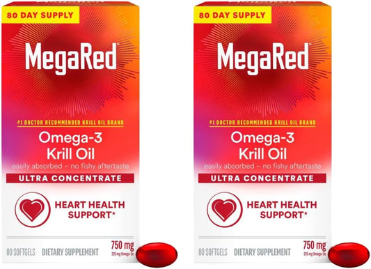 2 Pack of MegaRed Ultra Concentrate 750mg Omega-3 Krill Oil Softgels with EPA/DHA, Astaxanthin Antioxidant, Heart Health Support