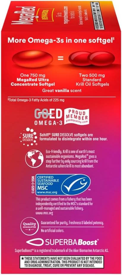 2 Pack of MegaRed Ultra Concentrate 750mg Omega-3 Krill Oil Softgels with EPA/DHA, Astaxanthin Antioxidant, Heart Health Support