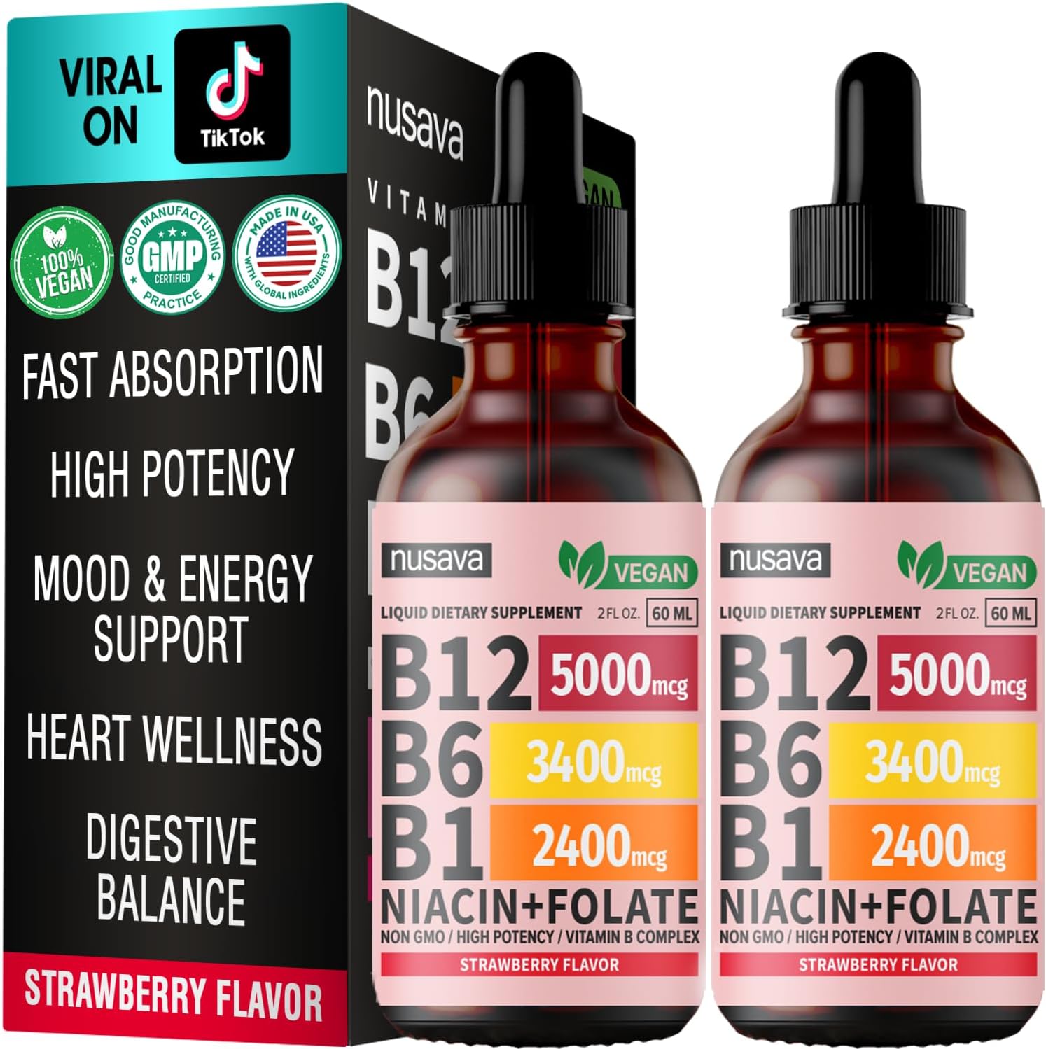 2 Pack of NUSAVA Liquid Vitamin B12 and B6 Drops - Sublingual B Complex for Energy, Brain, and Heart Support - 27,200 mcg Methylcobalamin - Strawberry Flavor - 80 Servings