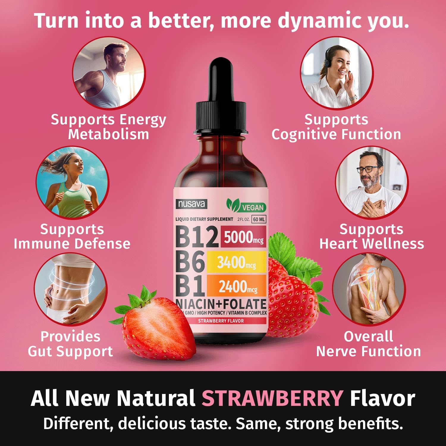 2 Pack of NUSAVA Liquid Vitamin B12 and B6 Drops - Sublingual B Complex for Energy, Brain, and Heart Support - 27,200 mcg Methylcobalamin - Strawberry Flavor - 80 Servings