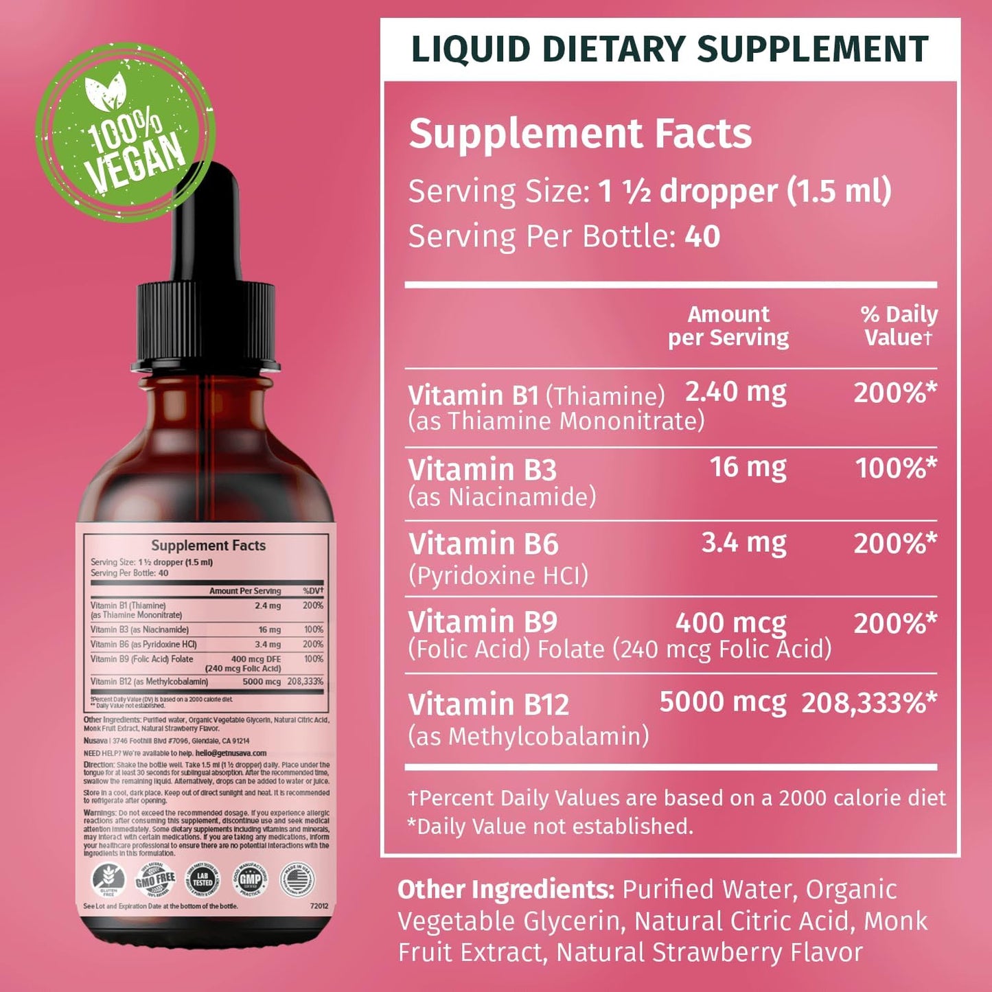 2 Pack of NUSAVA Liquid Vitamin B12 and B6 Drops - Sublingual B Complex for Energy, Brain, and Heart Support - 27,200 mcg Methylcobalamin - Strawberry Flavor - 80 Servings
