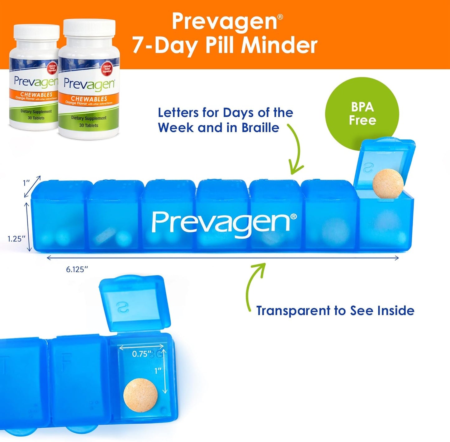 2 Pack of Prevagen Regular Strength 10mg Chewables with Apoaequorin, Vitamin D, and 7-Day Pill Minder