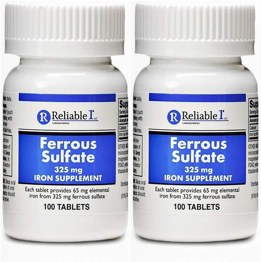 2-Pack of Reliable-1 Laboratories Ferrous Sulfate 325mg Iron Supplement - 100 Iron Tablets per Bottle