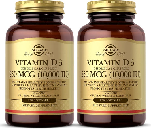 2 Pack of SOLGAR Vitamin D3 Softgels (10,000 IU) for Healthy Bones, Teeth, and Immune System - Non-GMO, Gluten-Free, Dairy-Free - 120 Servings