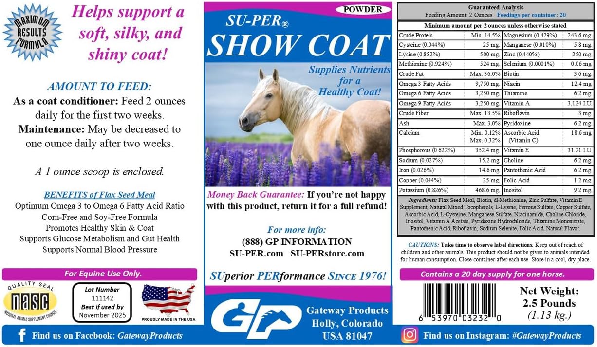 2 Pack of SU-PER Show Coat Supplement for Horses - Promotes Soft, Silky, Shiny Coat & Mane Growth - Contains Amino Acids, B-Complex Vitamins, Minerals - 2.5 lbs
