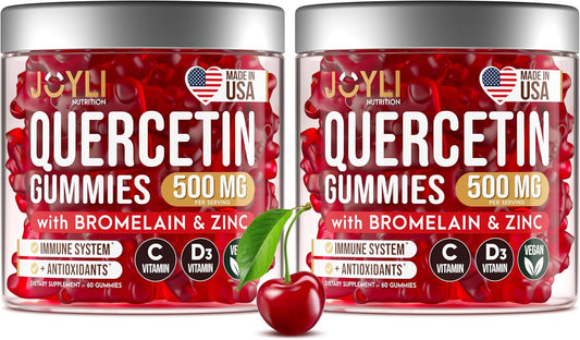 2 Pack of Sugar-Free JOYLI Quercetin Gummies with Bromelain, Zinc, Vitamin C & D3 - 500mg Immune Support Supplement for Kids & Adults - 60 Gummies per Pack