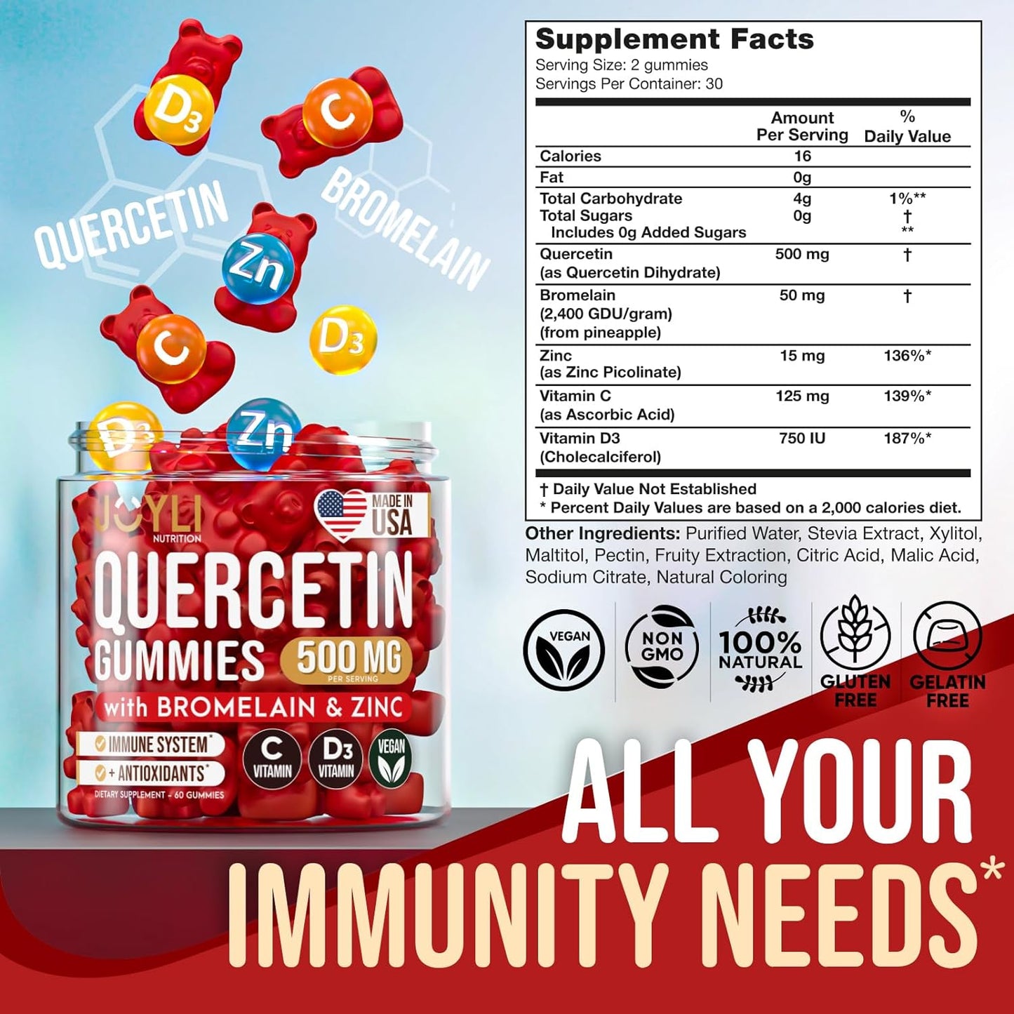 2 Pack of Sugar-Free JOYLI Quercetin Gummies with Bromelain, Zinc, Vitamin C & D3 - 500mg Immune Support Supplement for Kids & Adults - 60 Gummies per Pack