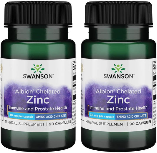 2-Pack of Swanson Albion Chelated Zinc Glycinate 30mg Capsules - 90 Capsules per Bottle