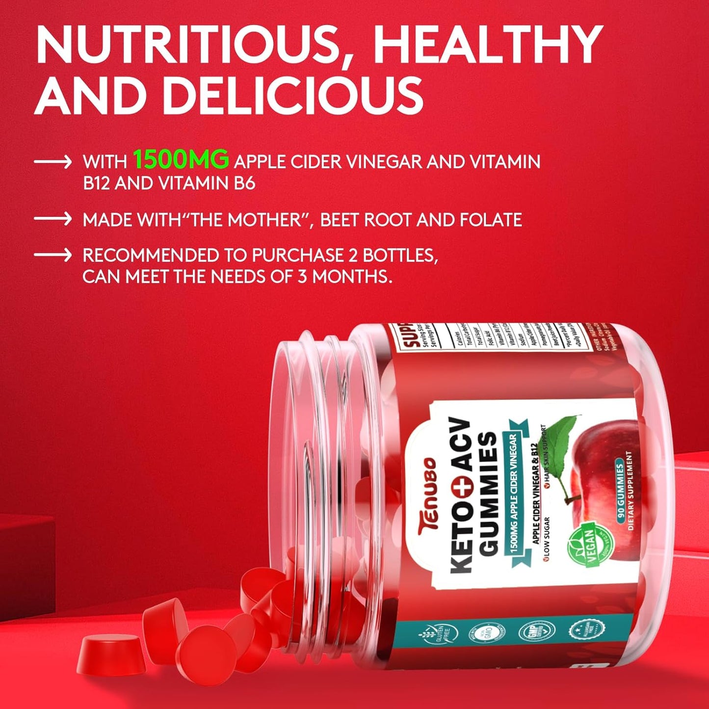 2 Pack of Tenubo 90 Count Keto Apple Cider Vinegar Gummies with 1500MG - 180 Count Keto ACV Gummies Supplement for Women and Men, Low Sugar & Gluten Free