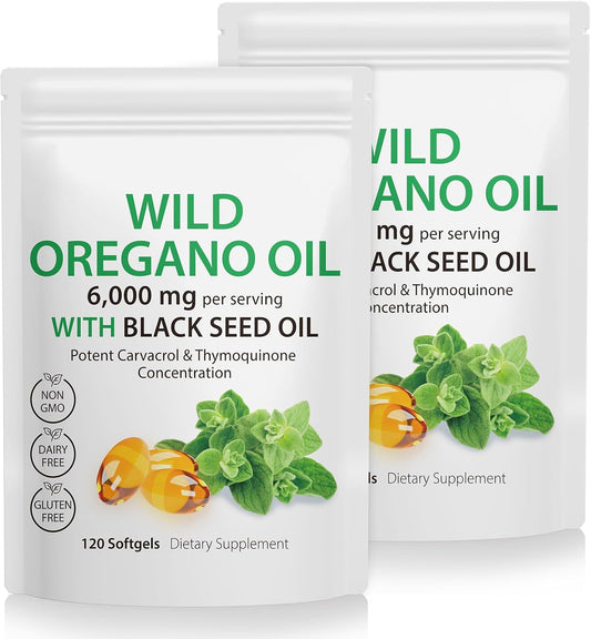 2 Pack Oil of Oregano Softgels with Black Seed Oil, High Carvacrol Content, 6000mg Total, Oregano Oil Supplement Capsules