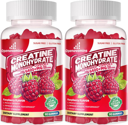 2 Pack OPENOVOMINS Creatine Monohydrate Gummies with L-Taurine + Vitamin B12 - Sugar Free Chewable Supplement for Men & Women, 180 Raspberry Gummies