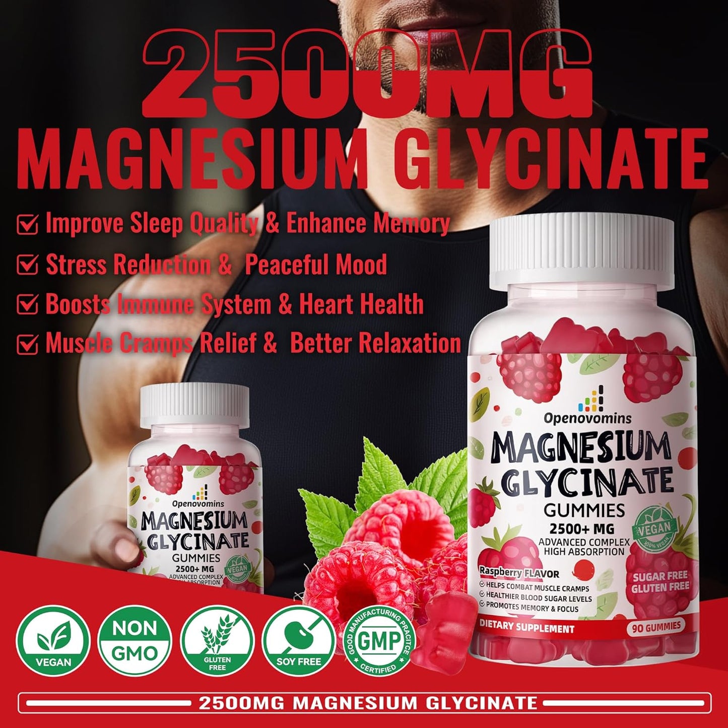 2 Pack OPENOVOMINS Creatine Monohydrate Gummies with L-Taurine + Vitamin B12 - Sugar Free Chewable Supplement for Men & Women, 180 Raspberry Gummies