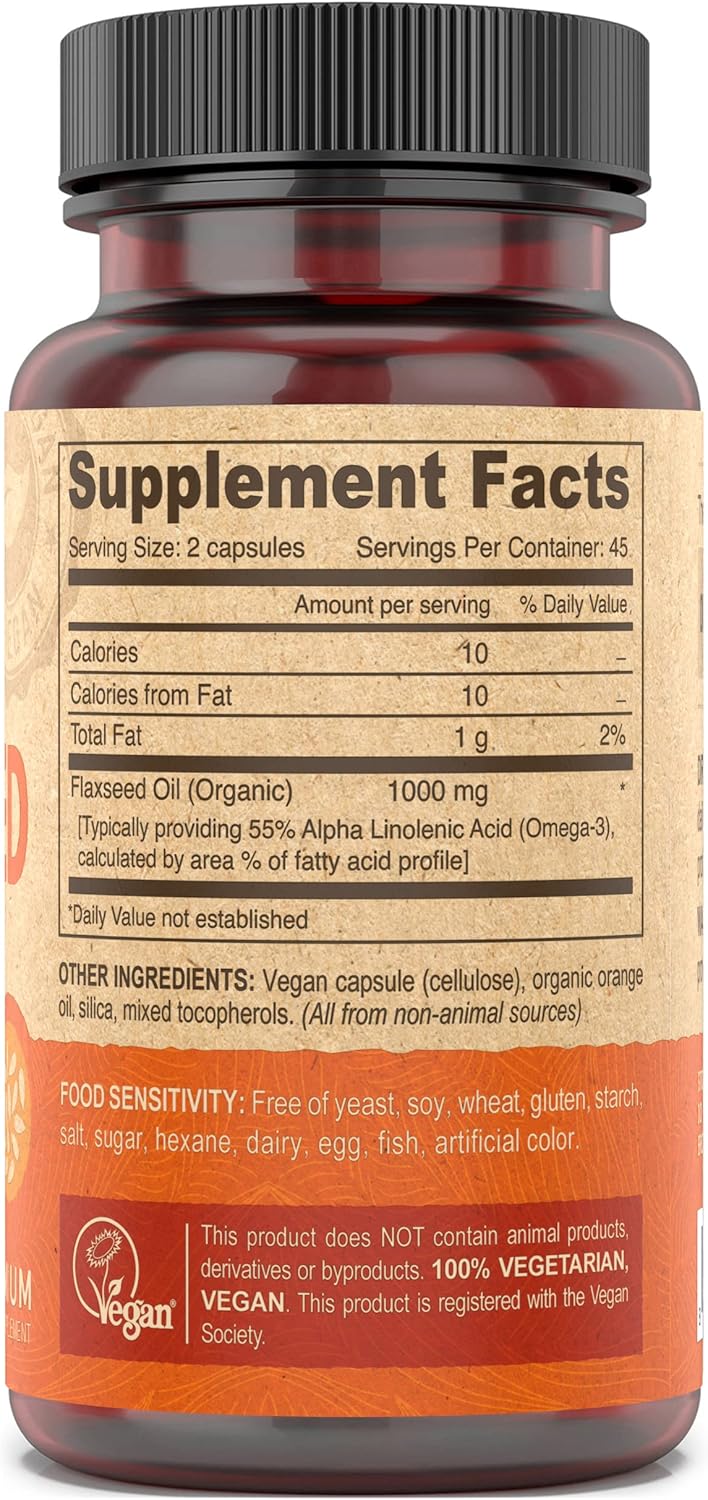 2-Pack Organic Vegan Flax Seed Oil Capsules - Cold-Pressed, Unrefined, Rich in Omega-3 - 90 Capsules
