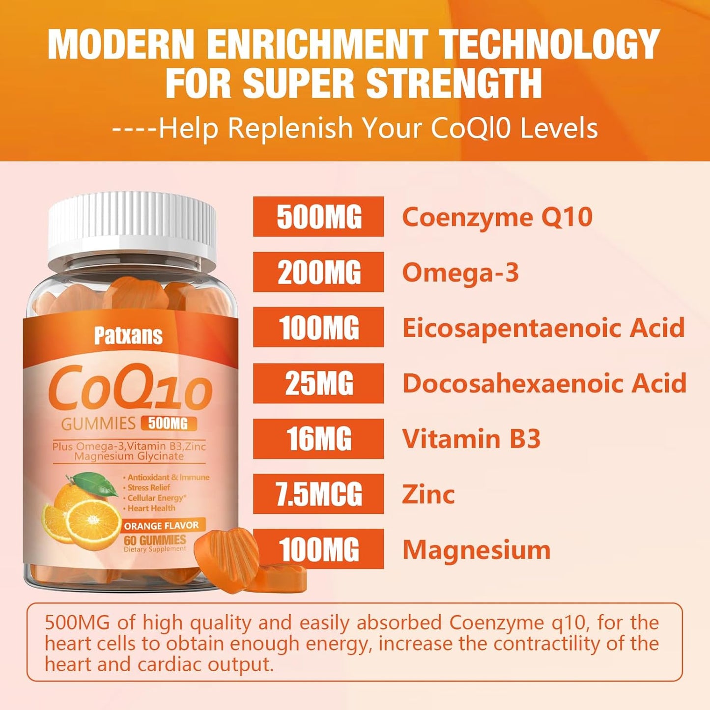 2 Pack Patxans CoQ10 Gummy Supplements - 500MG with Omega-3, Magnesium, Vitamin B3, Zinc - High Absorption for Heart Health, Energy, Antioxidants - Vegan, Non-GMO - 120 Count