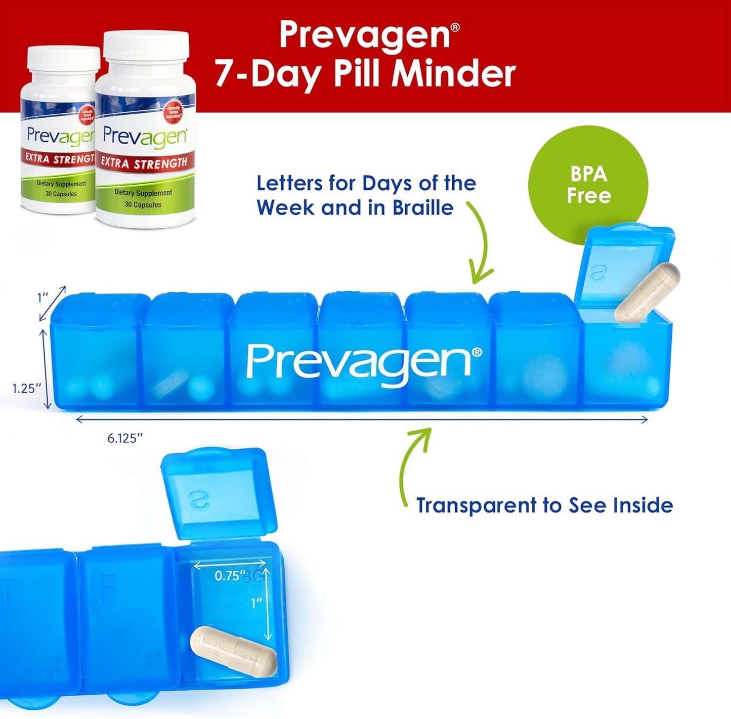 2-Pack Prevagen Extra Strength 20mg Capsules with Apoaequorin, Vitamin D, and 7-Day Pill Minder