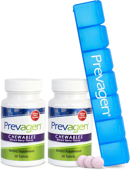 2-Pack Prevagen Regular Strength 10mg Chewables in Mixed Berry Flavor with Apoaequorin, Vitamin D, and 7-Day Pill Minder
