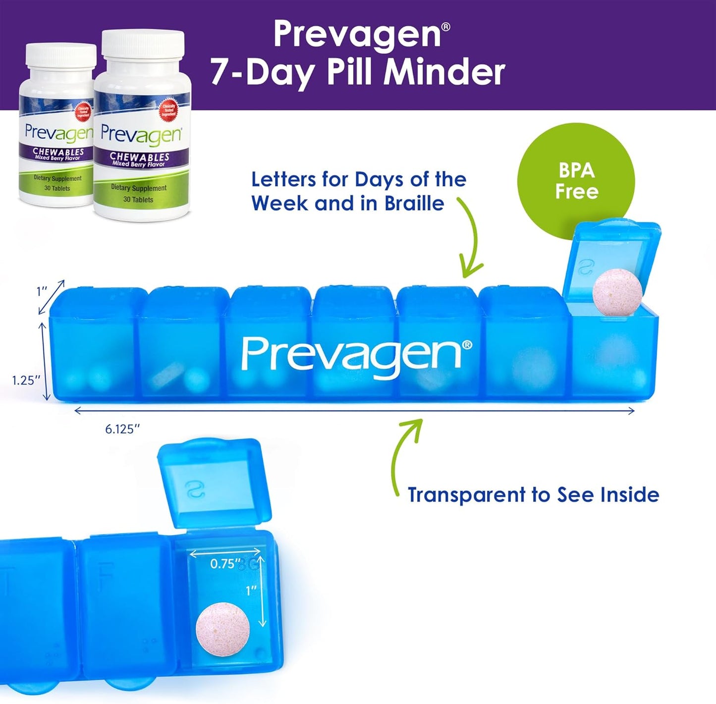2-Pack Prevagen Regular Strength 10mg Chewables in Mixed Berry Flavor with Apoaequorin, Vitamin D, and 7-Day Pill Minder