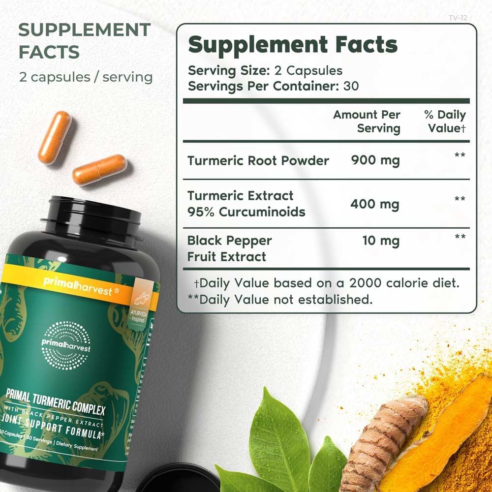 2 Pack Primal Turmeric Complex with Black Pepper Extract - Joint and Mobility Support Supplement - 120 Capsules for Men & Women