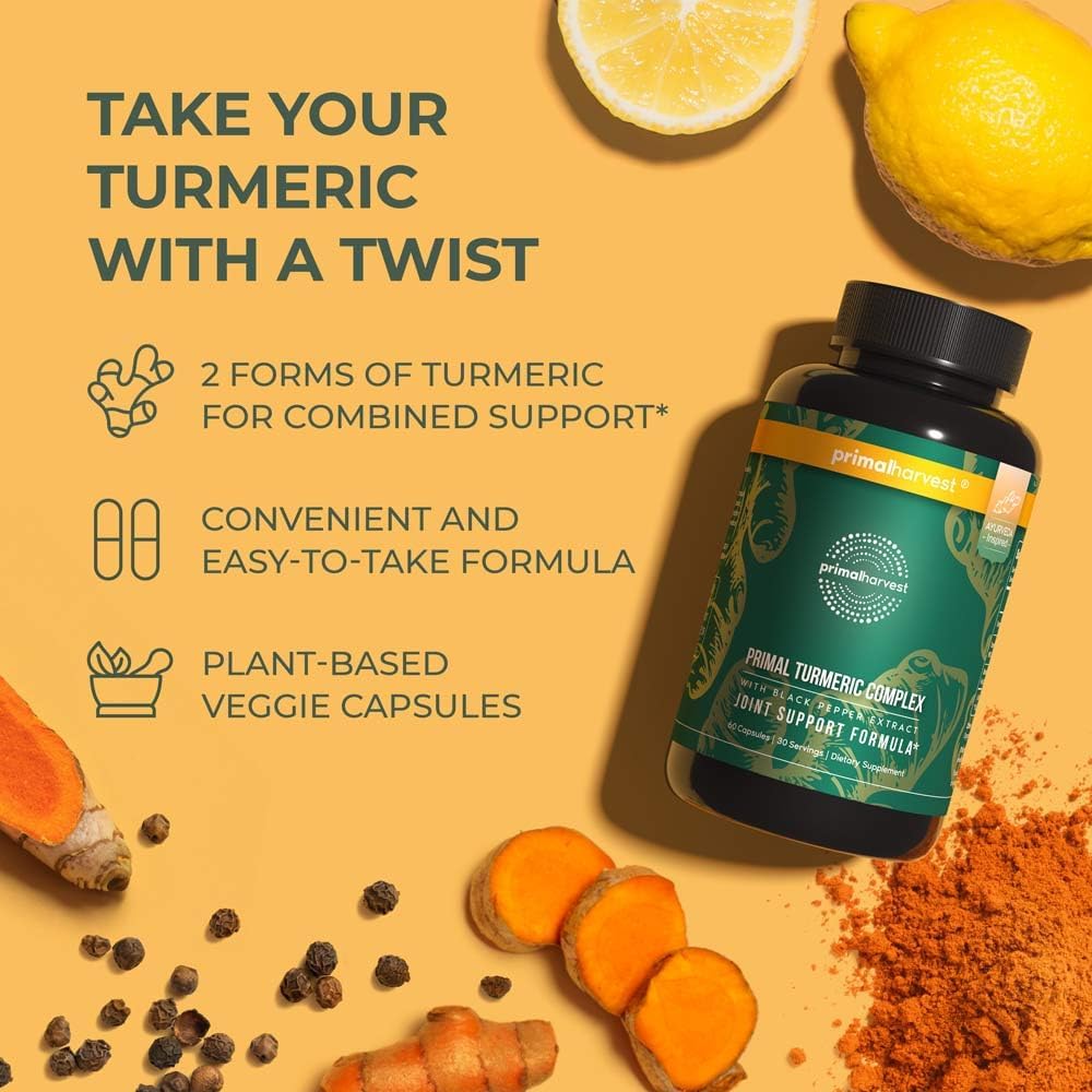 2 Pack Primal Turmeric Complex with Black Pepper Extract - Joint and Mobility Support Supplement - 120 Capsules for Men & Women