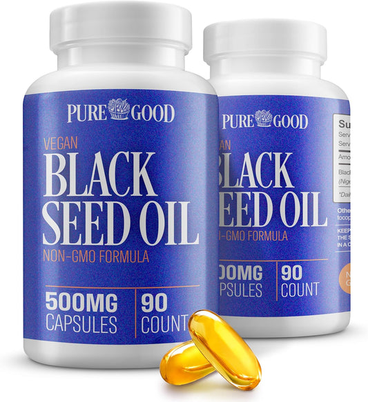 2 Pack PureGood Black Seed Oil Capsules 500mg - Cold Pressed High Potency Digestive Aid - 90 Count - Non GMO Pure Black Cumin Seed Oil
