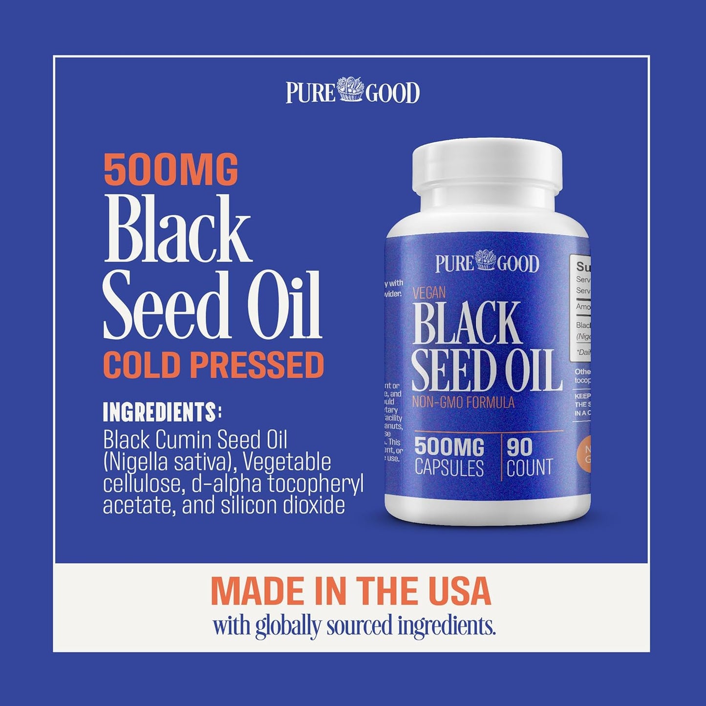 2 Pack PureGood Black Seed Oil Capsules 500mg - Cold Pressed High Potency Digestive Aid - 90 Count - Non GMO Pure Black Cumin Seed Oil