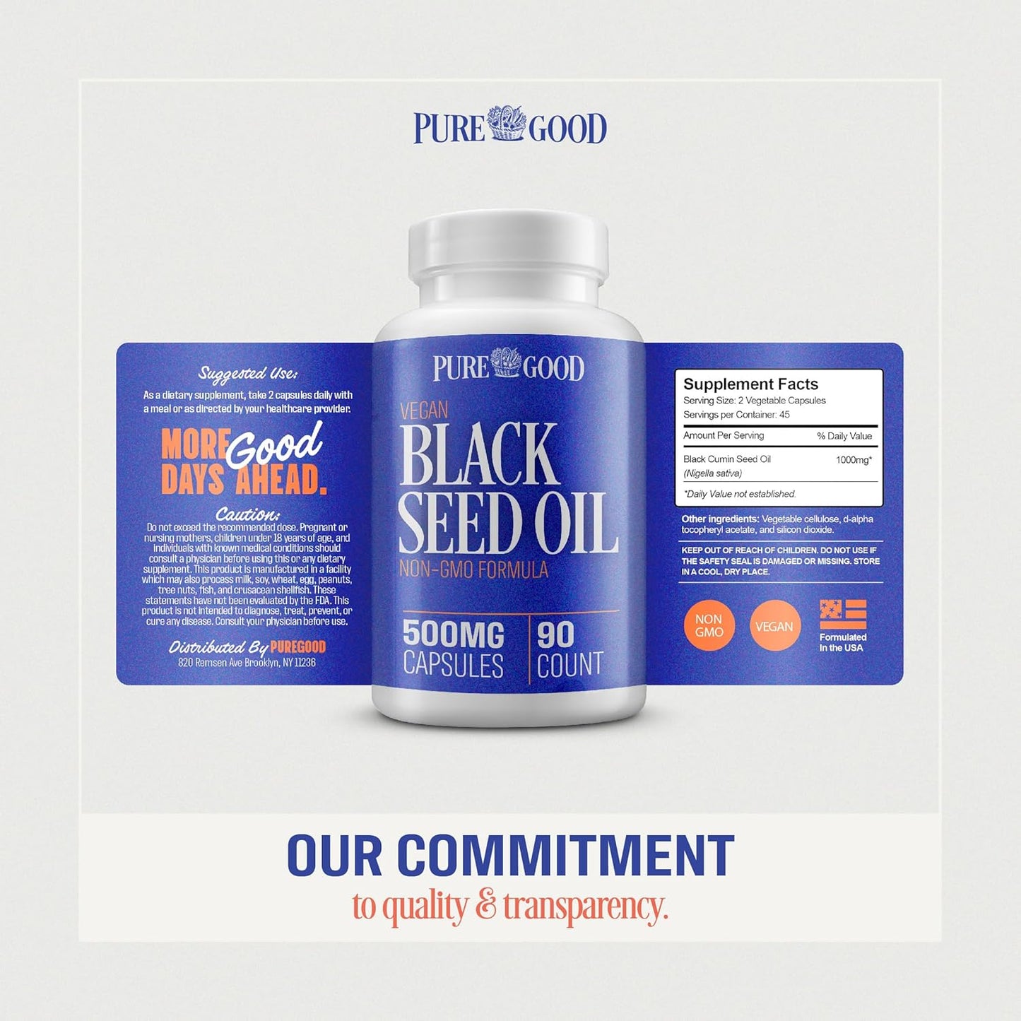 2 Pack PureGood Black Seed Oil Capsules 500mg - Cold Pressed High Potency Digestive Aid - 90 Count - Non GMO Pure Black Cumin Seed Oil