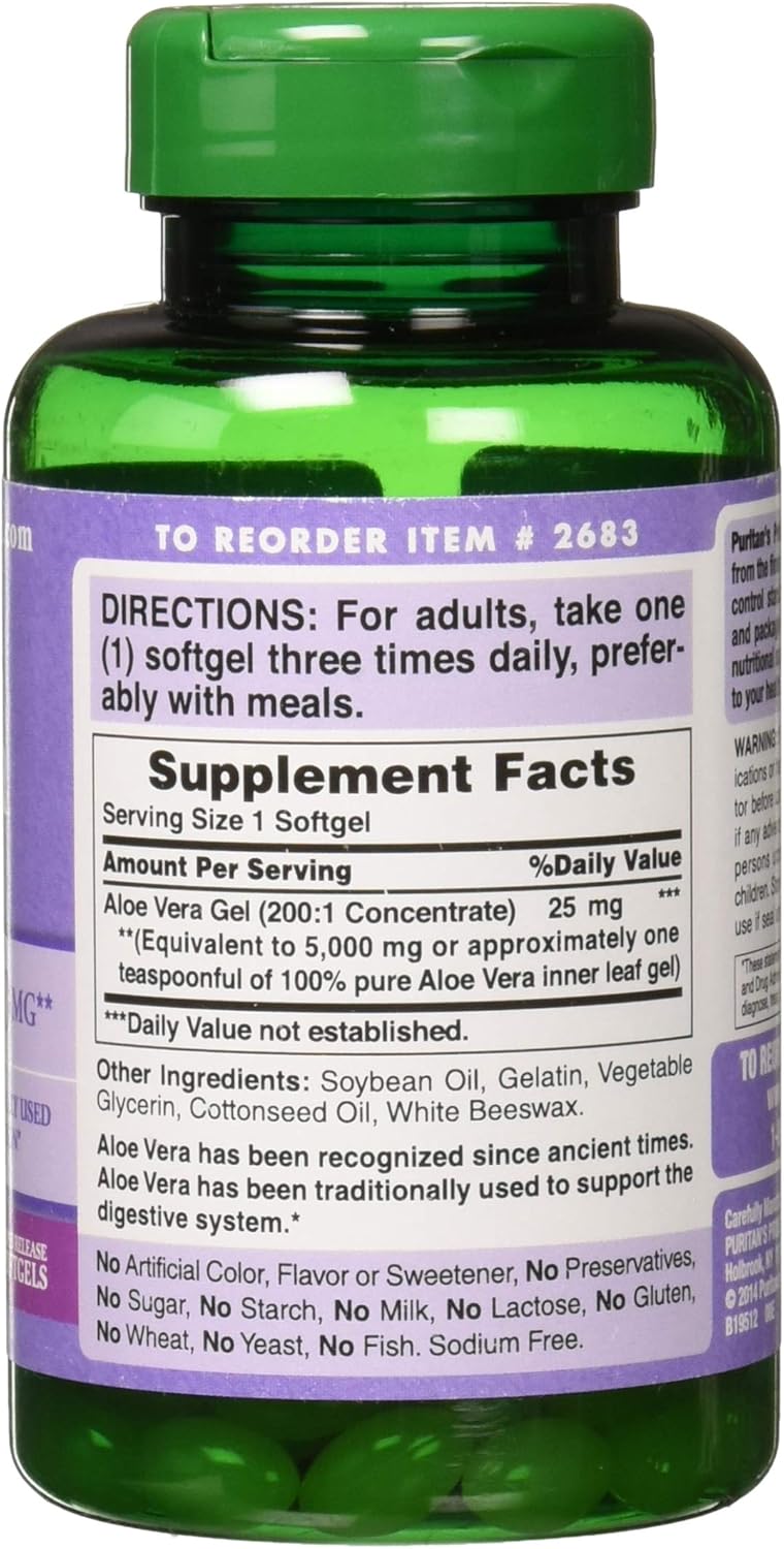 2-Pack Puritan's Pride Aloe Vera Extract Softgels, 25mg (5000mg Equivalent), 200 Count