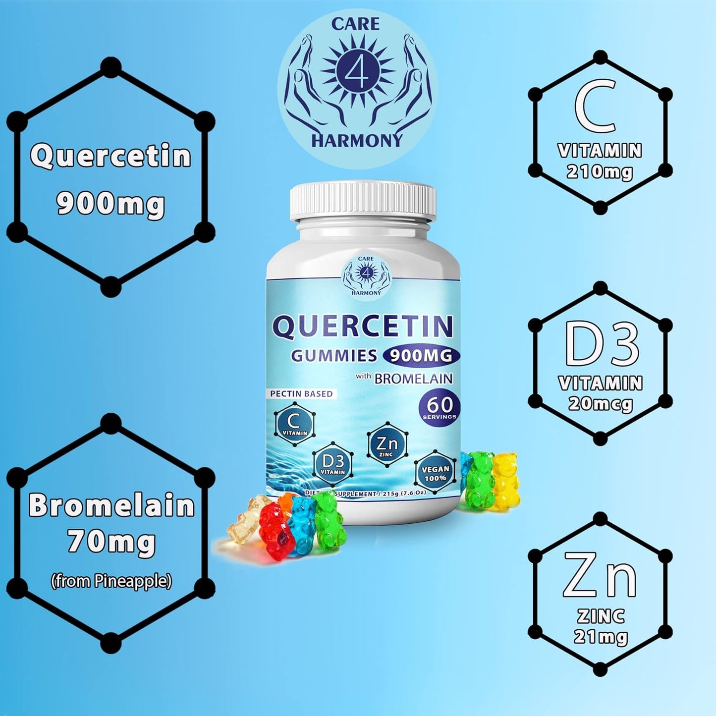 2-Pack Quercetin Gummies with Bromelain, Vitamin C, Zinc, and Vitamin D3 - Chewable 900mg Quercetin Supplements for Kids and Adults