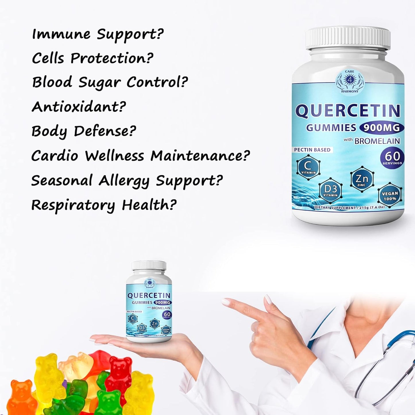 2-Pack Quercetin Gummies with Bromelain, Vitamin C, Zinc, and Vitamin D3 - Chewable 900mg Quercetin Supplements for Kids and Adults
