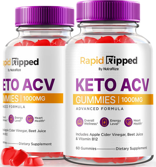 2 Pack Rapid Ripped Keto ACV Gummies 1000 MG - Natural Apple Cider Vinegar Pills - Maximum Strength Vitamins - 120 Gummies
