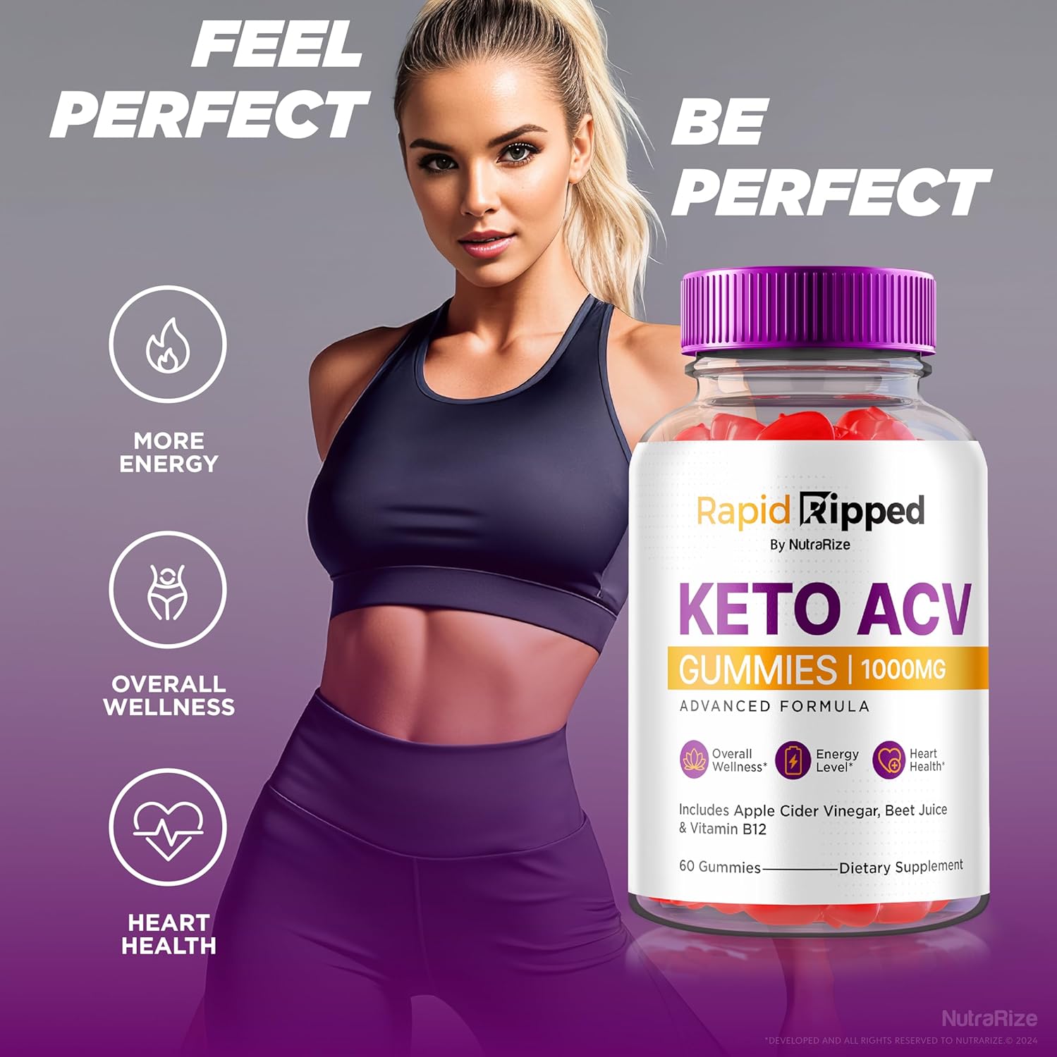 2 Pack Rapid Ripped Keto ACV Gummies 1000 MG - Natural Apple Cider Vinegar Pills - Maximum Strength Vitamins - 120 Gummies