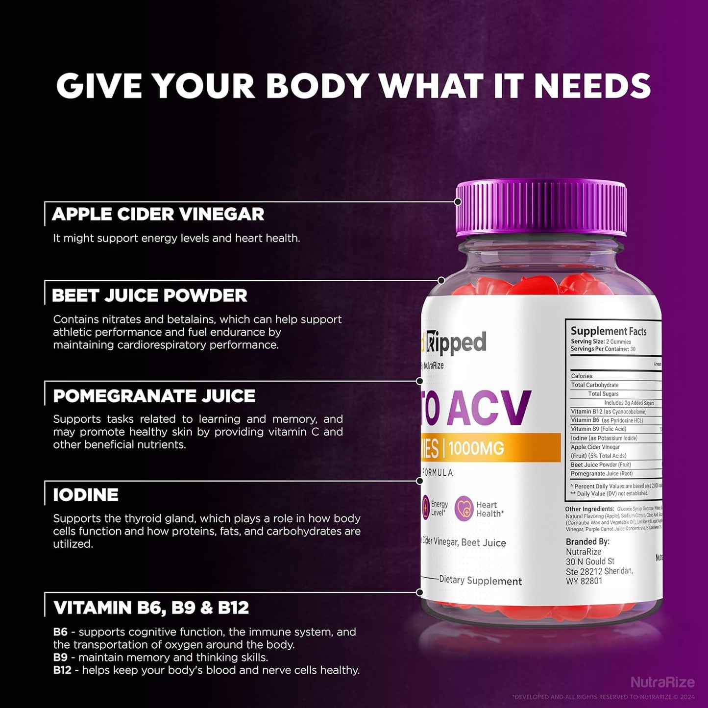 2 Pack Rapid Ripped Keto ACV Gummies 1000 MG - Natural Apple Cider Vinegar Pills - Maximum Strength Vitamins - 120 Gummies