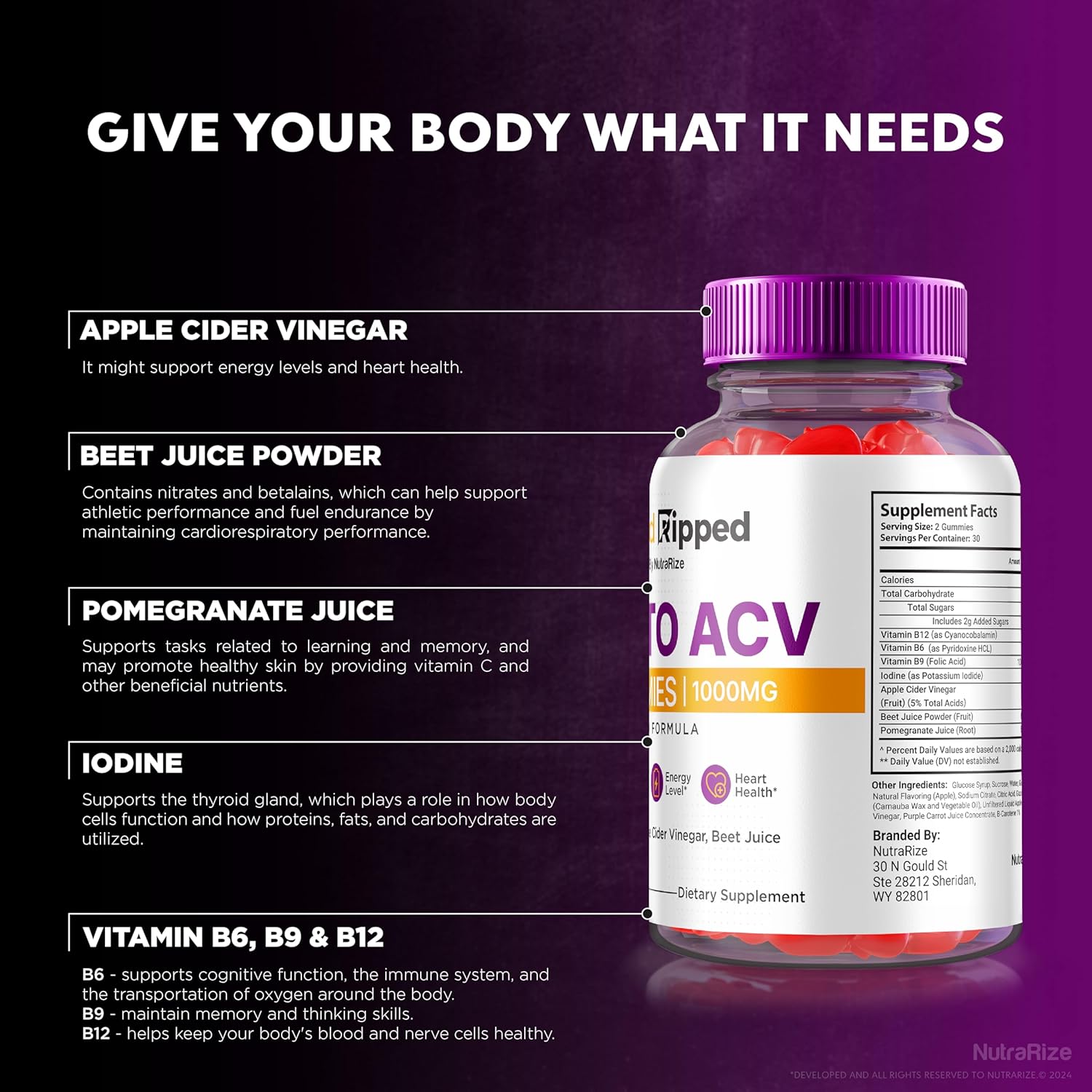 2 Pack Rapid Ripped Keto ACV Gummies 1000 MG - Natural Apple Cider Vinegar Pills - Maximum Strength Vitamins - 120 Gummies