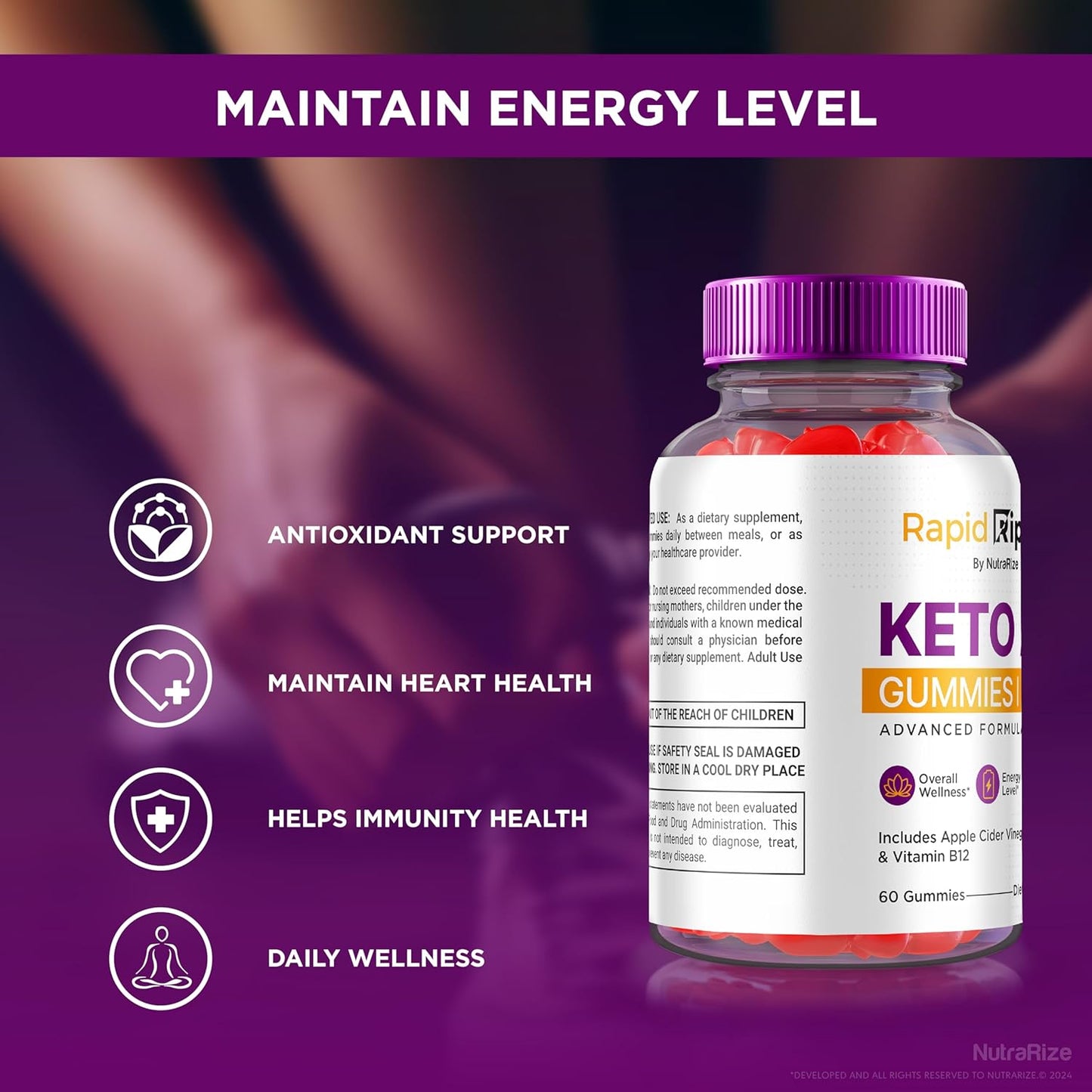 2 Pack Rapid Ripped Keto ACV Gummies 1000 MG - Natural Apple Cider Vinegar Pills - Maximum Strength Vitamins - 120 Gummies