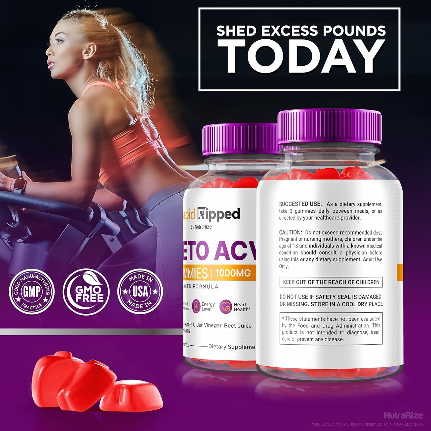 2 Pack Rapid Ripped Keto ACV Gummies 1000 MG - Natural Apple Cider Vinegar Pills - Maximum Strength Vitamins - 120 Gummies