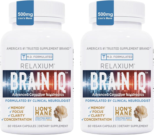 2-Pack Relaxium BrainIQ Nootropic Supplements for Memory, Focus, and Brain Health with Lion's Mane & Coffee Extract